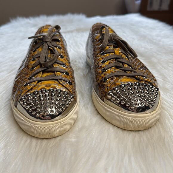 Miu Miu Yellow Python Print Leather Studded Toe Cap Sneakers - Picture 4 of 11